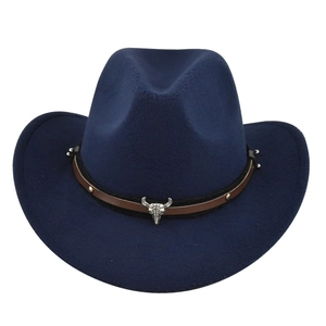 Navy blue wool felt cowboy hat with vintage bull head emblem and decorative leather band