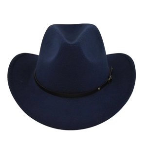 Detail view of navy wool fedora hat with a black leather belt and metal buckle decor