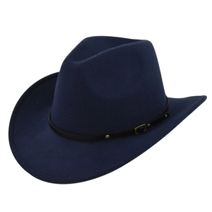 Detailed view of navy blue felt cowboy hat featuring a black leather band and gold buckle