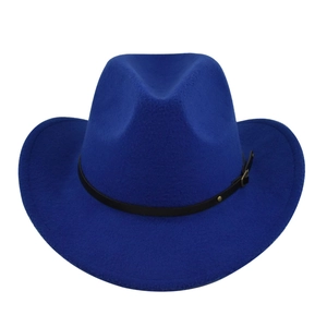 Close-up of bright blue felt hat featuring a black leather band with metal buckle detail