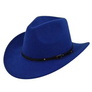 Detail of royal blue felt cowboy hat featuring black leather band and metal buckle