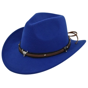 Macro detail of electric blue wool cowboy hat with leather band and silver bull skull buckle