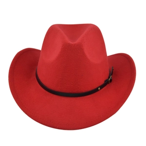 Detail view of red felt cowboy hat featuring a black leather belt with gold buckle