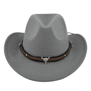 Grey felt western cowboy hat with vintage bull head skull buckle and leather band decoration