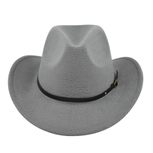 Light gray wool felt cowboy hat with black leather band and gold buckle on white background
