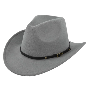 Macro shot of grey felt cowboy hat detailing the black leather band and metal rivets