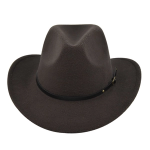 Detail view of coffee felt fedora with a black leather band and golden metal buckle