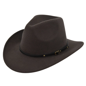 Detail of dark brown wool felt hat with black leather strap and gold rivet accents