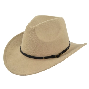 Detail of camel felt fedora with a black leather belt strap and gold metal rivets