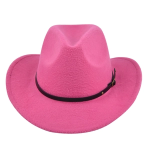 Detailed close-up of rose pink felt cowboy hat with black leather belt and metal buckle