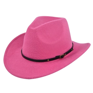 Detail of rose pink western cowboy felt hat featuring black leather belt with gold studs