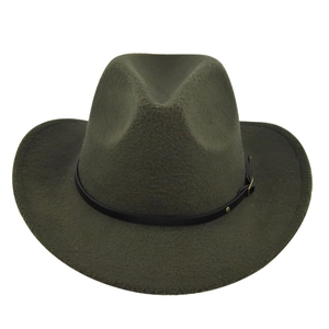 Detail of dark olive wool felt fedora hat featuring a thin black leather belt with buckle