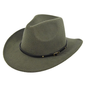 Detailed view of dark green felt fedora hat with black leather belt and gold metal studs