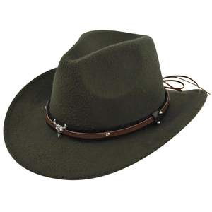 Detail of olive green wool felt cowboy hat featuring leather band and silver bull skull accent