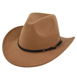 Detail of the camel felt cowboy hat featuring a black leather band with gold metal buckle