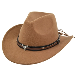 Detail of brown felt cowboy hat featuring silver bull head pendant and leather strap