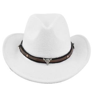 Detailed close-up of white wool felt cowboy hat featuring silver bull head skull buckle