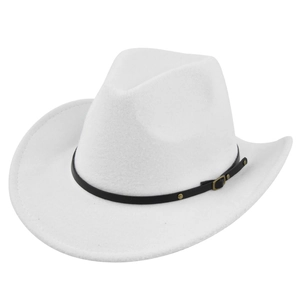 Close-up of white felt cowboy hat with black leather belt and gold buckle detail