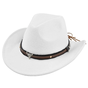 Close-up of white felt cowboy hat featuring silver bull head metal and rivet band details