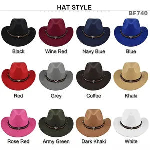 Classic wide brim western cowboy wool fedora hats with metal bull head buckle in 12 colors
