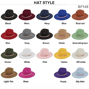 Grid display of wool fedora hats in various colors with pink bands and metal buckles