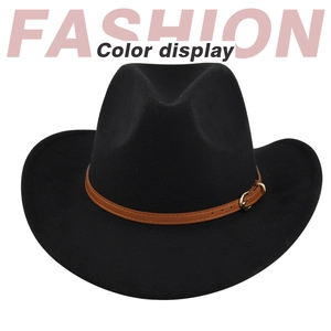 Detail of black felt cowboy hat featuring a brown leather belt with a golden buckle