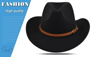 Detail of western black wool felt hat featuring brown leather band and golden buckle