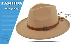 Detailed view of camel wool fedora hat featuring a brown leather band and metal buckle
