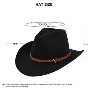 Vintage black felt cowboy hat with leather belt and silver buckle, sizing 56-58cm