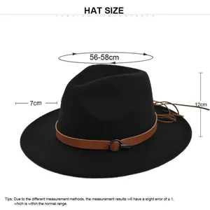 Size chart showing 56-58cm circumference and 7cm brim for the vintage felt fedora hat