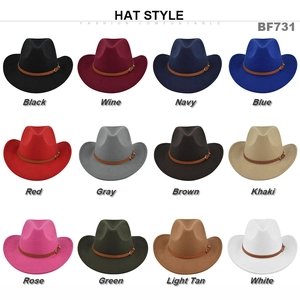 Matrix display of twelve felt cowboy hats in various colors with leather buckle bands