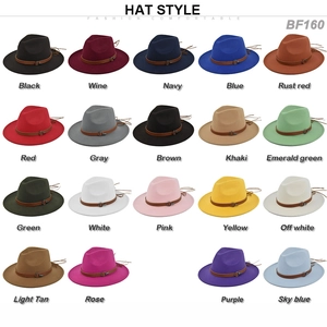 Detailed catalog of felt wide brim fedora hats with leather belts in nineteen various colors