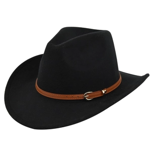Close-up of black felt cowboy hat featuring brown leather belt and gold metal buckle detail