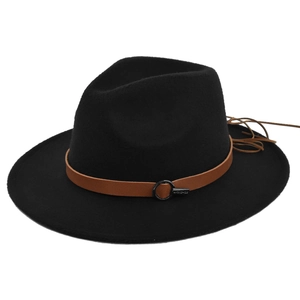 Detail view of black wool fedora hat featuring a brown leather band and metal buckle