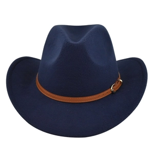 Detail of navy blue felt cowboy hat with brown faux leather band and golden buckle