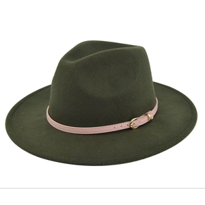 Detailed close-up of dark olive wool fedora with pink leather band and gold buckle