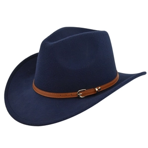 Detail of navy blue felt fedora with brown leather strap and silver metal buckle