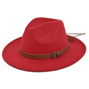 Detailed view of red wool felt fedora featuring a brown leather belt with metal buckle