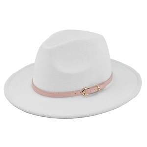 Detail of white wool fedora hat featuring a pink leather band and gold metal buckle
