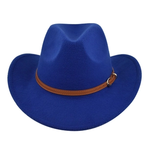 Close-up of the royal blue felt fedora hat featuring a brown leather belt with golden buckle