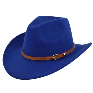 Detail view of royal blue felt fedora hat featuring a brown faux leather belt with metal buckle