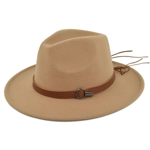 Classic camel wool fedora hat with a wide brim and decorative brown leather band