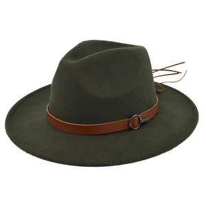 Detail of dark green fedora hat featuring brown leather band and metallic buckle accent