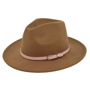 Detailed view of camel wool fedora hat featuring a pink leather belt with golden buckle
