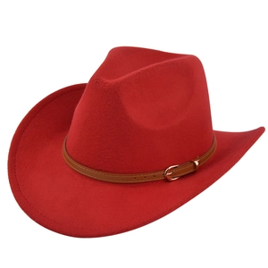 Detailed view of red felt cowboy hat with brown leather belt and golden metal buckle