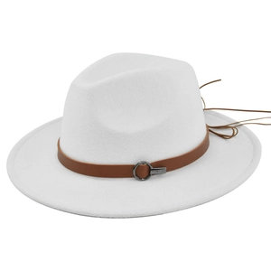 Detail of white wool fedora hat featuring a brown leather belt with black metal ring buckle