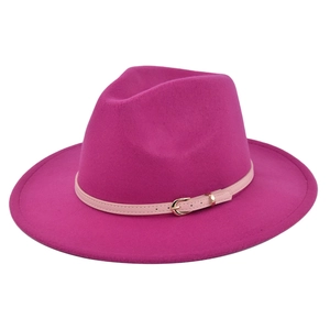Pink vintage fedora hat in wool felt with light pink leather belt and gold buckle