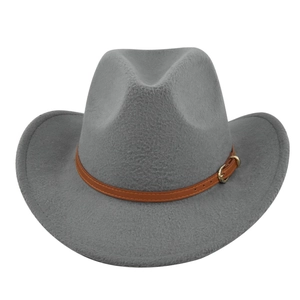 Close-up of grey felt fedora hat featuring a brown leather band and gold buckle detail