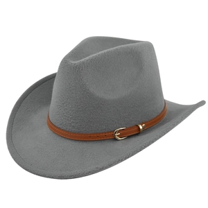 Classic grey felt cowboy hat with brown leather belt and metallic buckle on white background