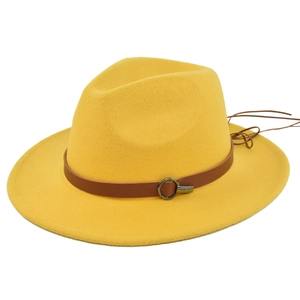 Detail of ginger yellow wool fedora hat with brown leather belt and metal buckle